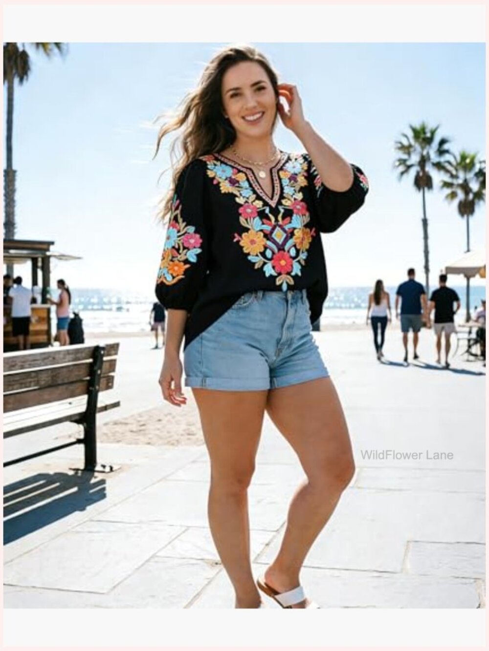 Women's Embroidered Boho Tunic Peasant Blouse 3/4 Sleeve Plus Size - Picture 5 of 6